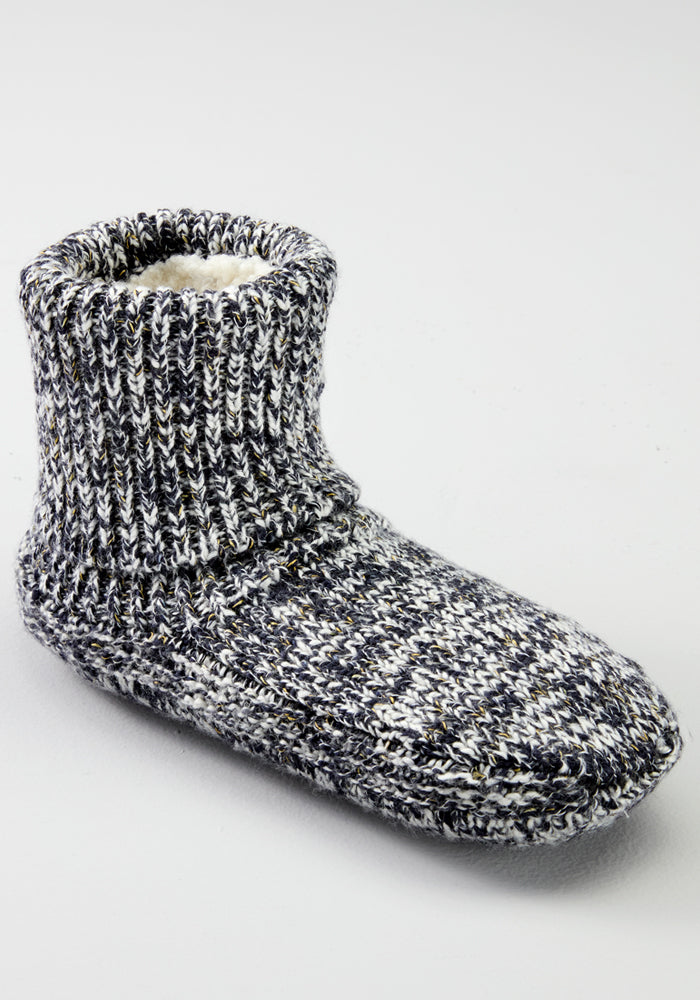 Woolx Women’s Gripper Slipper Booties in Speckled Stone, sherpa-lined and ankle-high, shown on a white background.