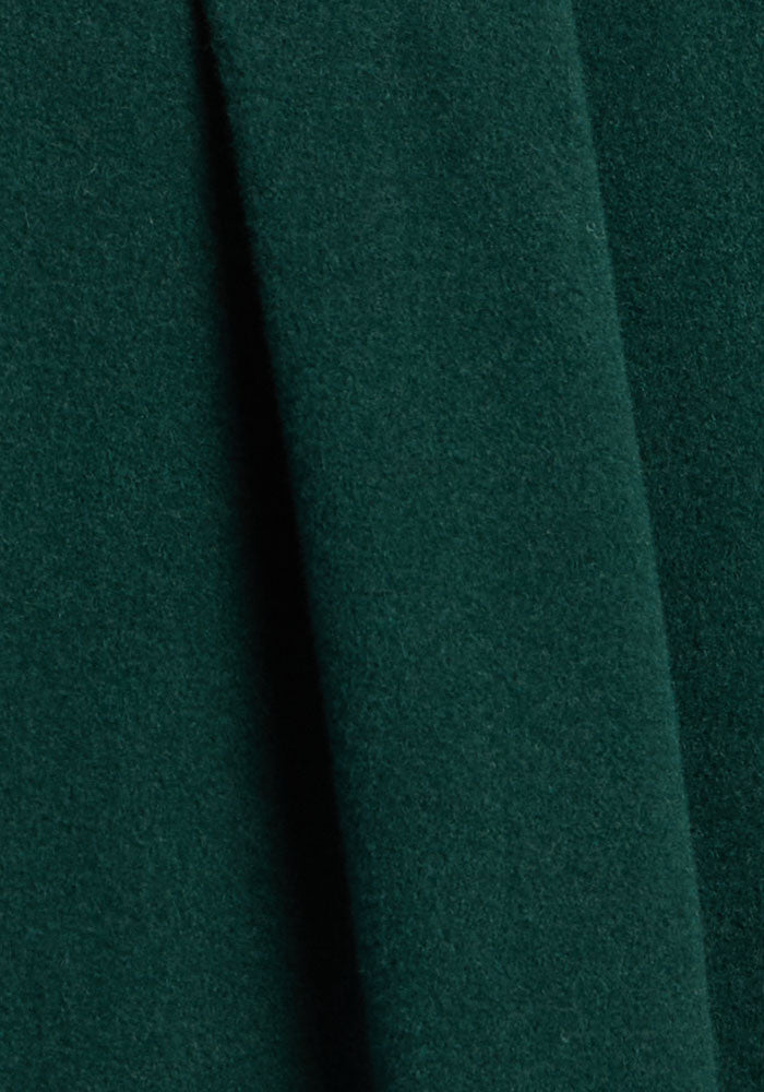 Close-up of Woolx Jovie Shacket in Deep Pine, highlighting its soft Merino wool—ideal for cozy, warm layering.
