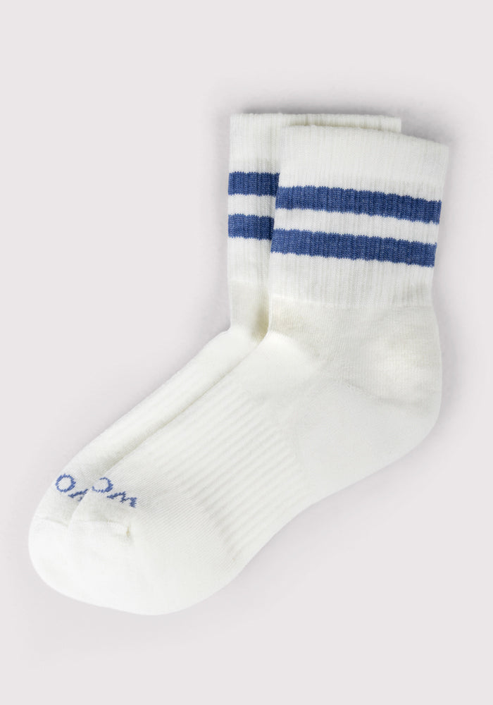 Woolx Womens Varsity Mini Crew Socks in Electric Blue feature two horizontal navy blue stripes near the top and are displayed on a plain light background.