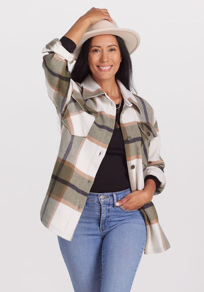 Model wearing Sawyer shacket - Forest plaid | Denia is 5’8”, wearing a size S