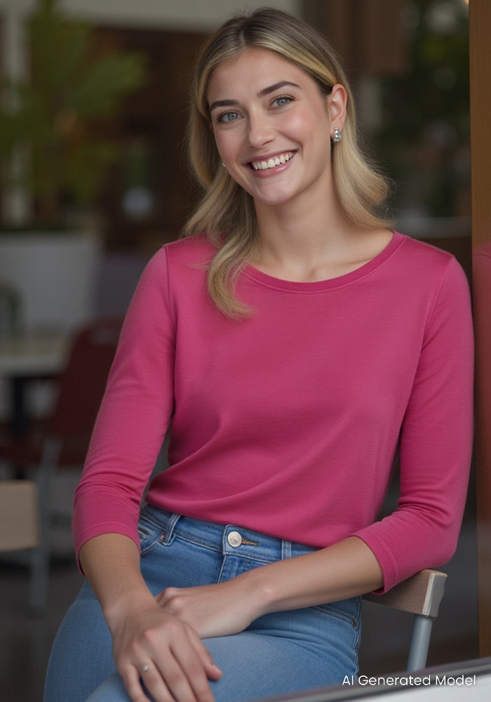 A smiling woman with blonde hair wears the Woolx Jenny 3/4 Sleeve Crew Neck in Raspberry Fizz and blue jeans while seated indoors. The text "AI Generated Model" appears in the bottom corner.