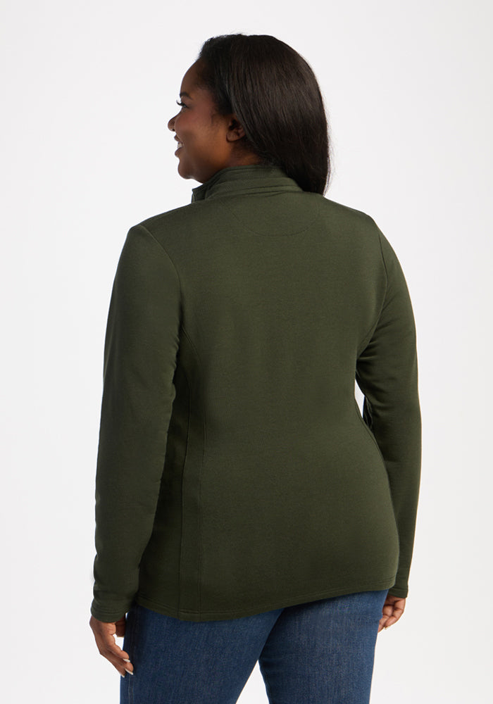 Woman in Woolx Finley Zip Up Sweatshirt - Duffel Bag and jeans, back facing, against a white background.