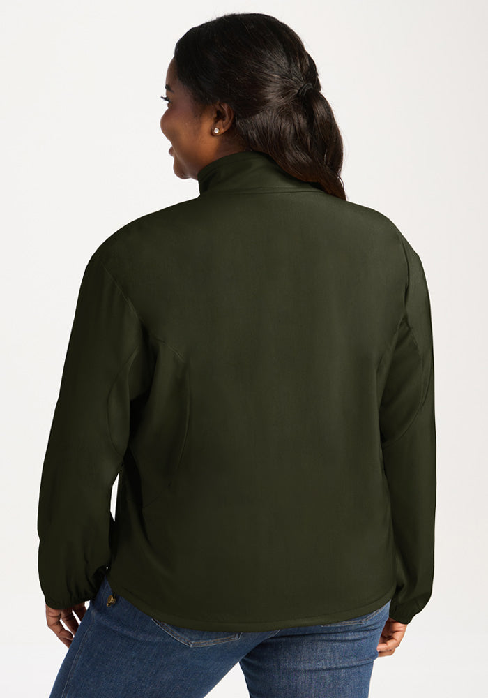 Back view of a person wearing a dark olive green Cooper Windbreaker - Duffel Bag with a high collar and jeans.
