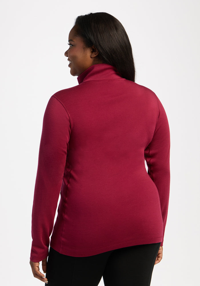 Woman in Woolx Brooke 1/4 Zip - Beet Red, shown from the back, against a white background.