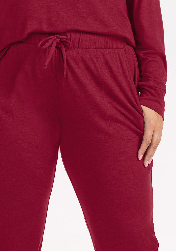 Mary Kate Lounge Pants - Beet Red: dark red merino wool jogger pants with an elastic drawstring waistband and side pockets.