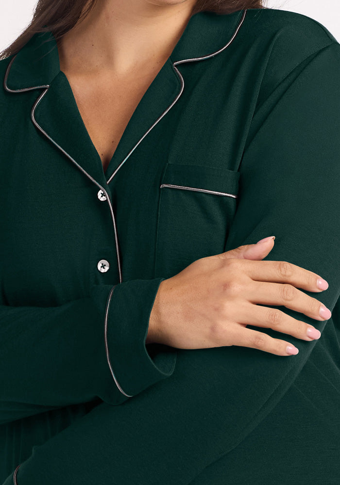 Deep Pine Woolx Harper FeatherTouch® Pajama Set top with chest pocket, light piping, and temperature-regulating wool.
