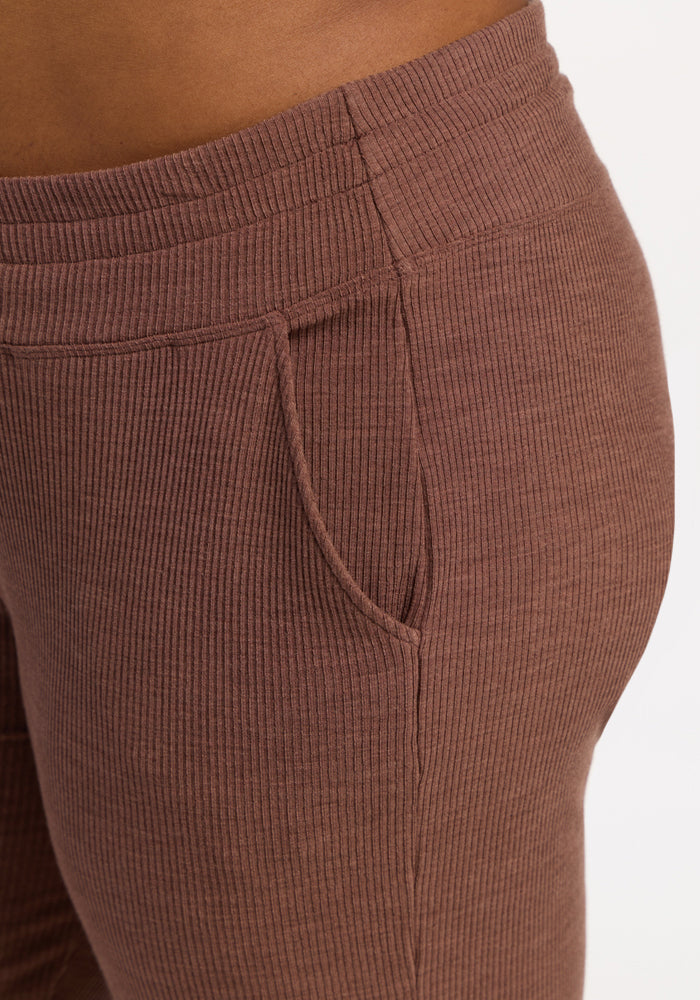 Woolx Lennon Ribbed Joggers in Sable Heather with elastic waistband and side pocket, shown worn.