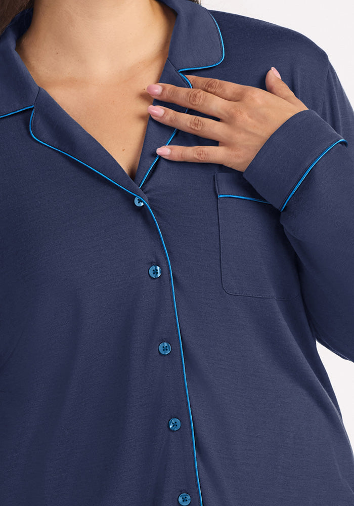 Navy blue Harper FeatherTouch® Pajama Set top in merino wool with bright blue piping on the collar, cuffs, and placket.