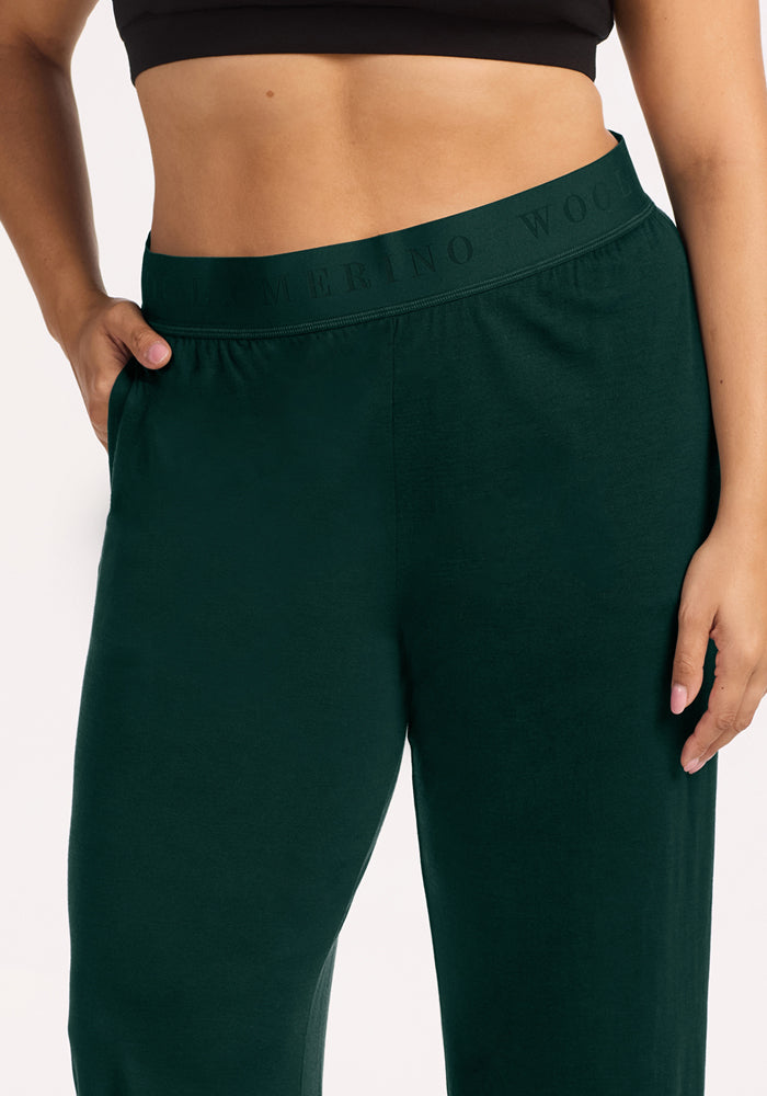 Deep Pine Woolx Maya Lounge Pants in dark green with a moisture-wicking fabric and a wide elastic waistband.