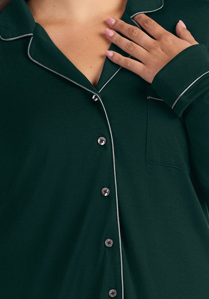 Harper FeatherTouch® Pajama Set button-down top in deep pine Merino wool with silver piping.