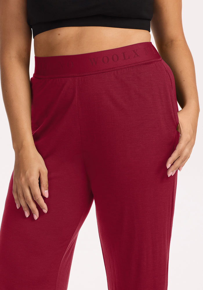 Woolx Maya Lounge Pants in Beet Red with a wide-leg fit, elastic waistband, and side pockets.