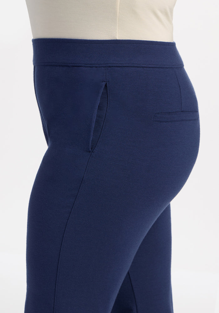 Woolx Emerson Straight Leg Pants - Ocean Cavern, maternity style with elastic waist and side pockets, side view.