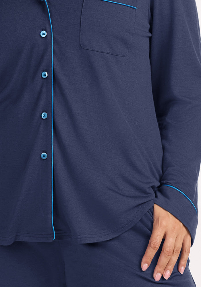 Navy blue Harper FeatherTouch® Pajama Set - Deep Dive long-sleeved top with bright blue piping and temperature-regulating.