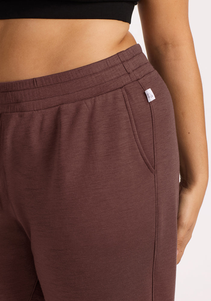Close-up of a person in Woolx Parker Sweatpants - Canyon Clay and a black cropped top, one hand resting by their side.