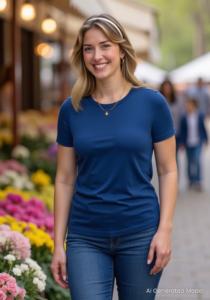 A smiling woman in the Woolx Liza Crew Neck Tee in Estate Blue and jeans strolls past vibrant flower stalls on a sunny day. She has shoulder-length blonde hair, with blurred shops and people behind her.