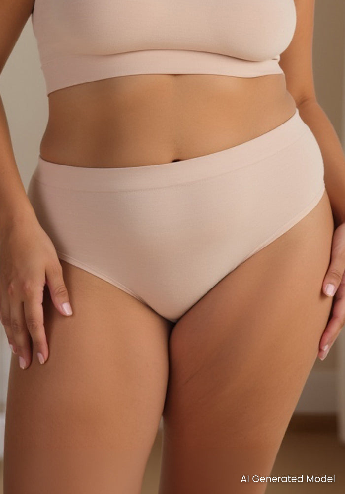 A person models the Woolx Maeve Bikini in Sand, revealing their midsection and upper thighs indoors. The text "AI Generated Model" is displayed in the bottom right corner.