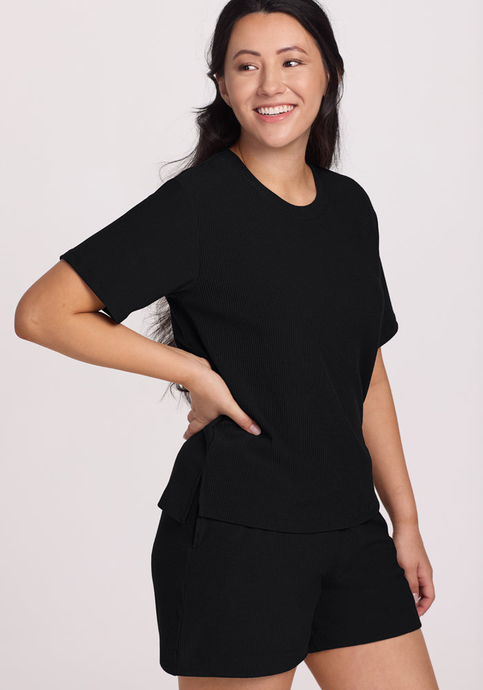 Black Wool Shorts | Soft, Stretchy & Breathable Ribbed Lounge