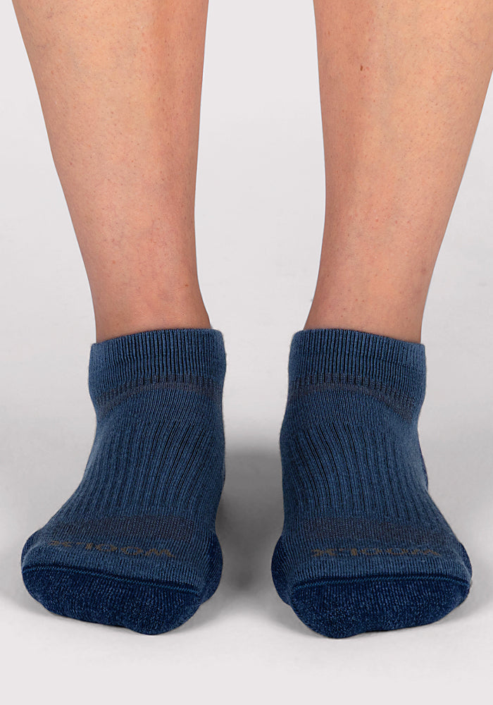 A pair of feet in Woolx Womens Rowan No Show Socks in Majolica Blue, viewed from the front against a plain light background.