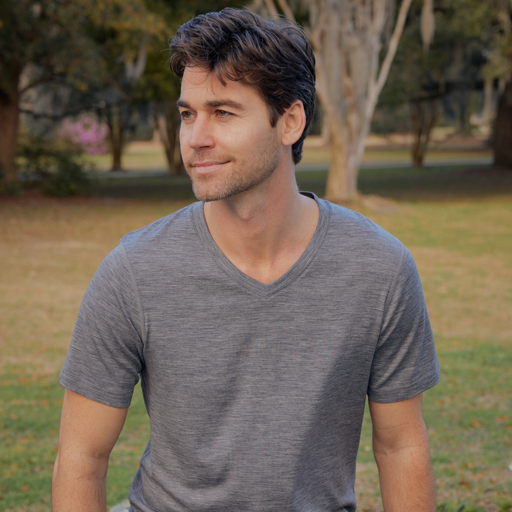 Man wearing grey Ashton v neck
