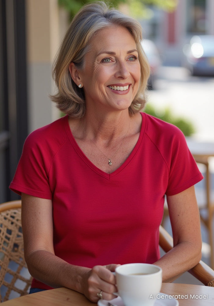 A smiling middle-aged woman with short blonde hair sits outdoors, wearing the Woolx Mia V Neck in Poppy Spark and holding a white coffee cup. The background shows a blurred street scene. Text notes the image uses an AI-generated model.
