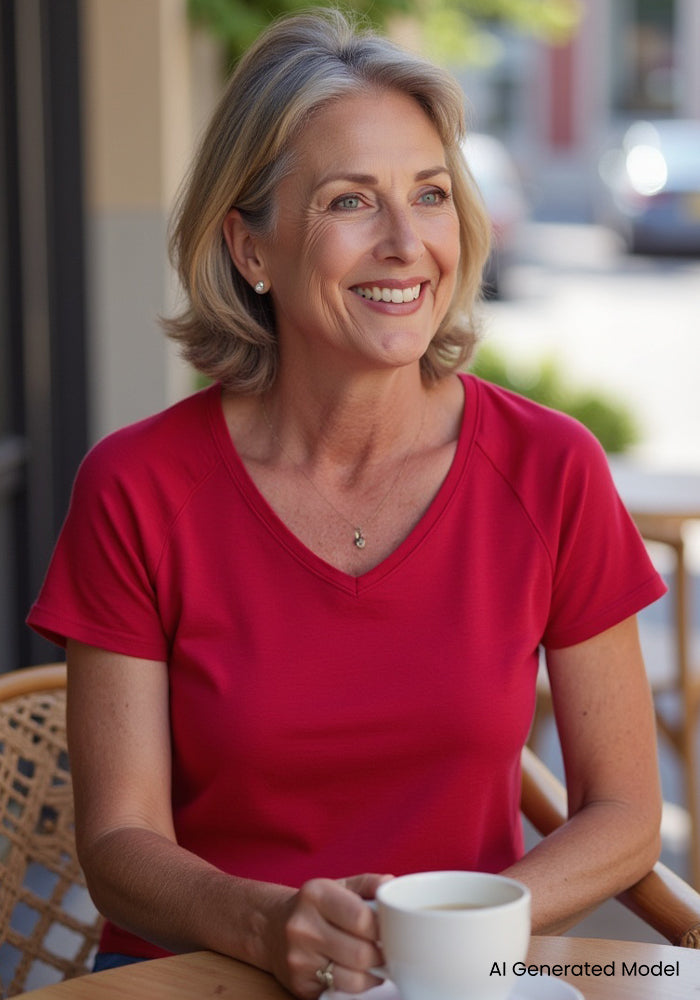 Smiling woman in the Woolx Mia V Neck - Poppy Spark enjoys coffee outdoors, wearing her red tee with short gray hair.