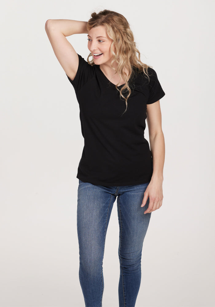 Women's Black Merino Wool T-Shirt | Ultra-Soft & Breathable V-Neck