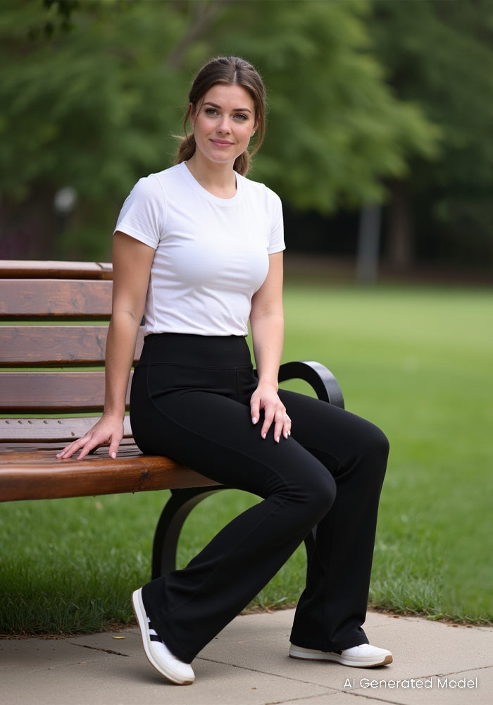 A woman with light brown hair in a ponytail sits on a park bench, wearing a white t-shirt, Woolx Morgan Flare Pants in black, and white sneakers. Green grass and trees are in the background. Text: "AI Generated Model.