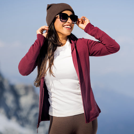 Woman wearing hannah and darby hoodie