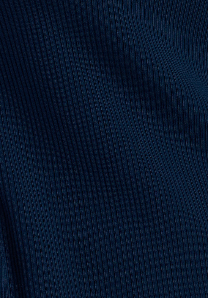 Close-up of Woolx Ainsley Sweater in Ocean Cavern, featuring ribbed vertical lines and wave-like texture.