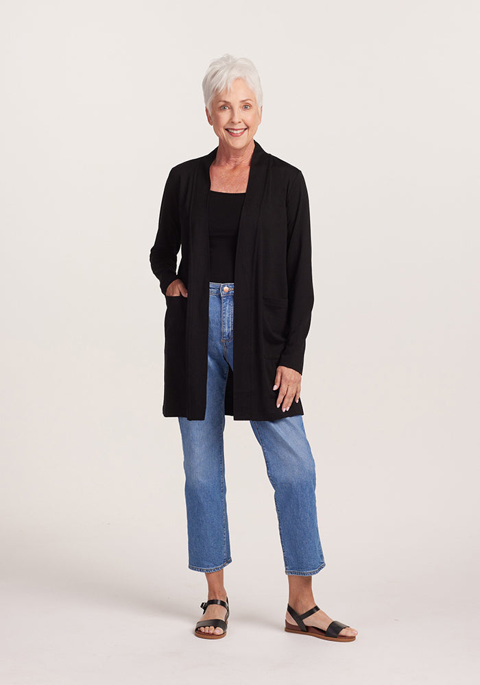 Model wearing Paisley cardigan - Black | Kathy is 5'9", wearing a size S