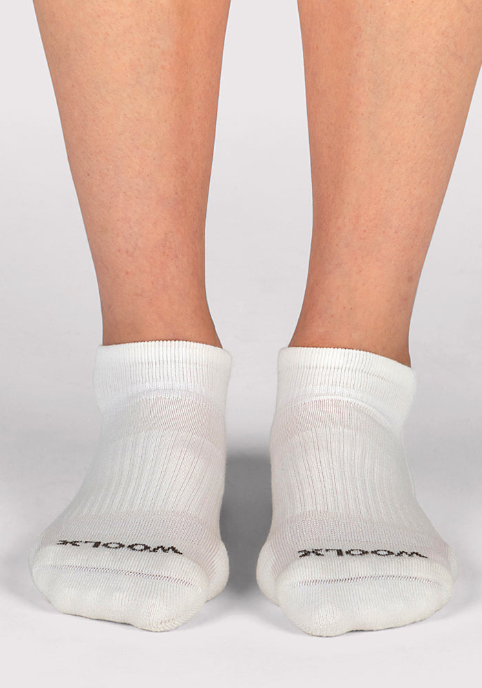 A pair of feet wearing Woolx Womens Rowan No Show Socks in Polar White stands on a light surface. These breathable Merino wool socks feature “WOOL” printed in black near the toes.