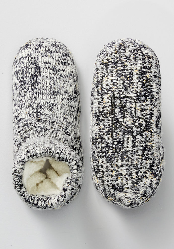 Two cozy Woolx Women's Gripper Slipper Booties in Speckled Stone; one shows the soft sherpa lining, the other displays the sole featuring decorative stitching and non-slip grippers.
