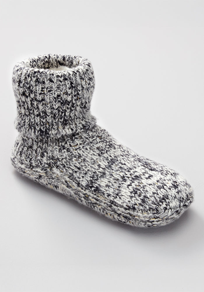The Woolx Women's Gripper Slipper Booties in Speckled Stone feature cozy sherpa lining and non-slip grippers for comfort and safety.