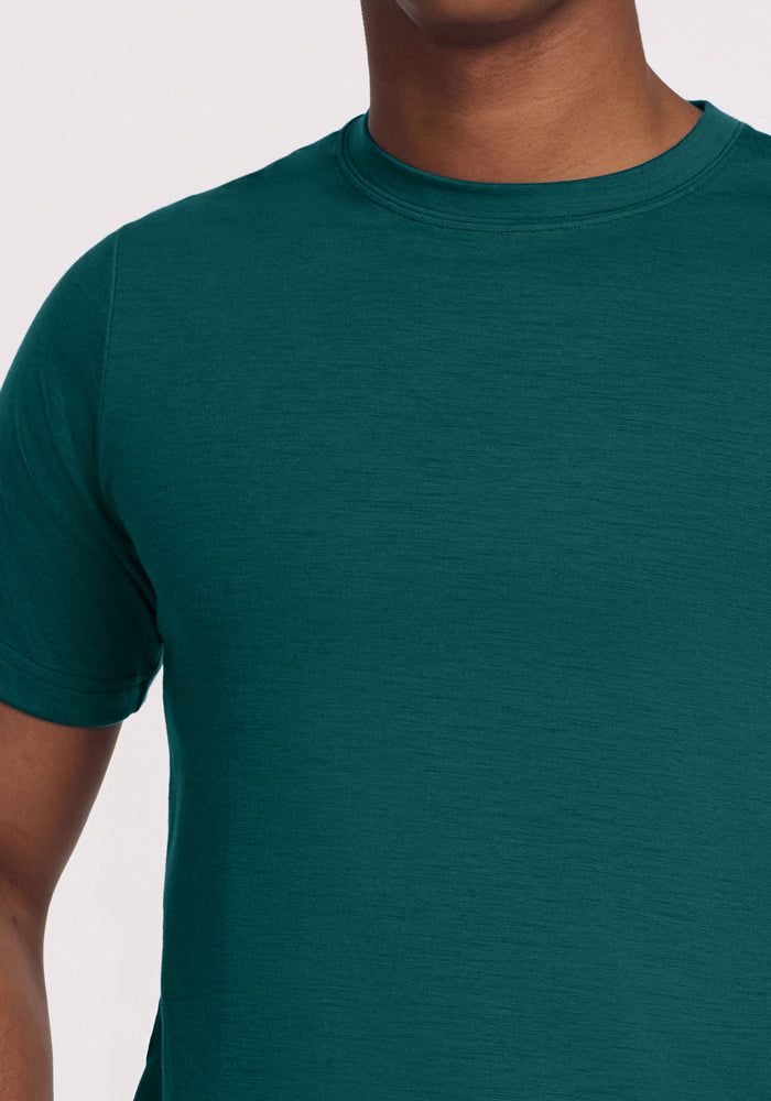 A person is wearing the Woolx Endurance Tee in Riverbank Green; only the upper torso and part of one arm are visible.