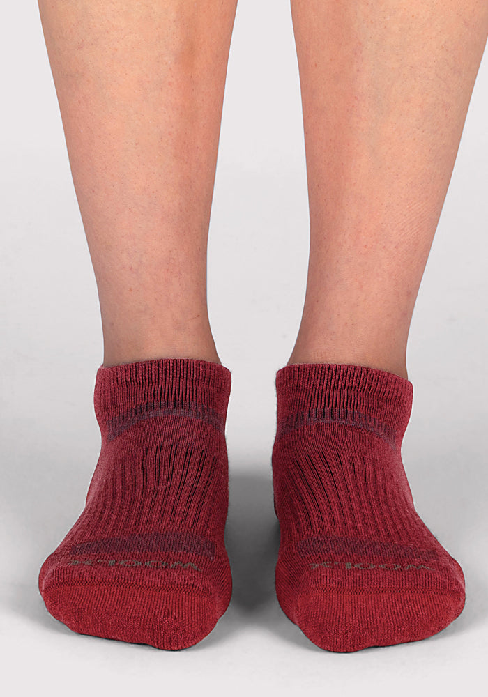 A pair of feet wearing Woolx Womens Rowan No Show Socks in Rhubarb is shown from the front against a plain, light background. The socks have a ribbed texture and the feet are close together.