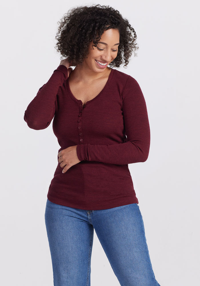Model wearing Reese top - Cranberry Melange | Tori is 5'7", wearing a size S