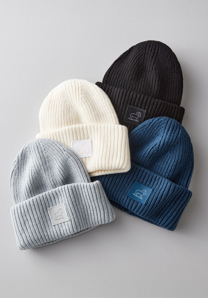 Five Woolx Ria Chunky Beanie - Morning Fog ribbed knit hats in black, cream, gray, light gray, and blue are displayed on a light surface. Each has a folded brim and a small rectangular patch with simple embroidery.