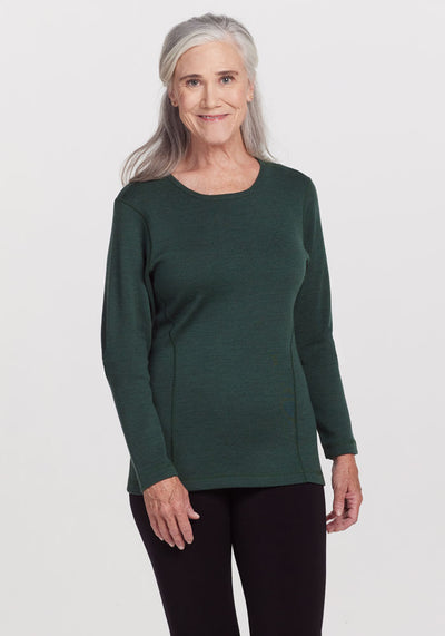 Model wearing Riley long sleeve - Forest Green Melange | Anne is 5'8", wearing a size S