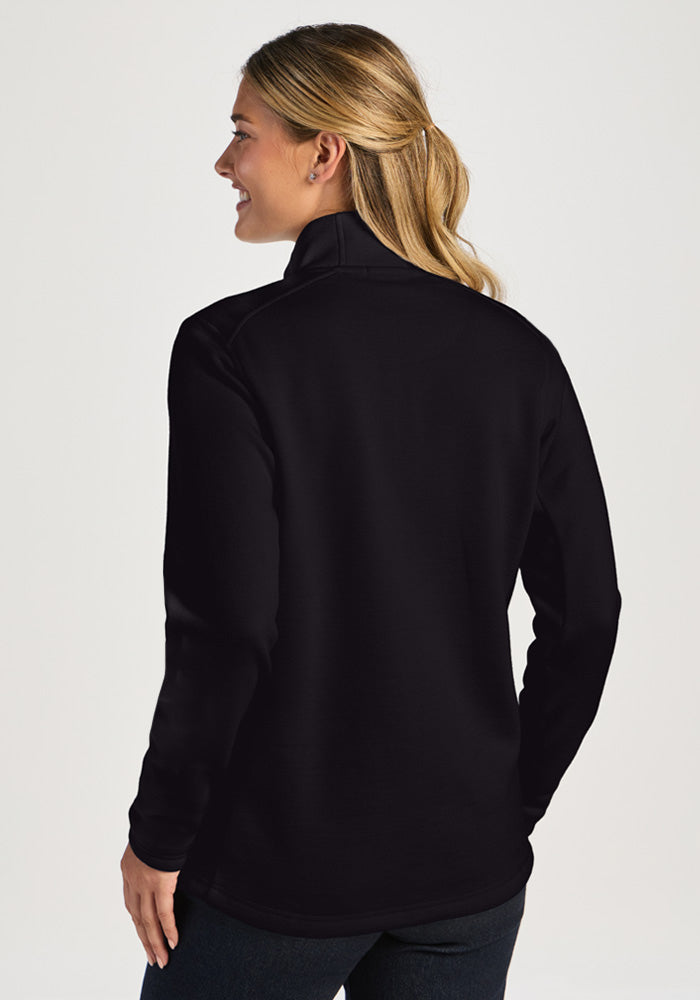 A woman seen from the back wearing a black Woolx Teddy Sweatshirt with an ultra-heavyweight high collar.