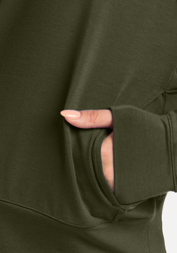 Olive green Tori 1/4 Zip - Everleaf lightweight merino pullover with a long-sleeved silhouette and thumbhole cuffs.