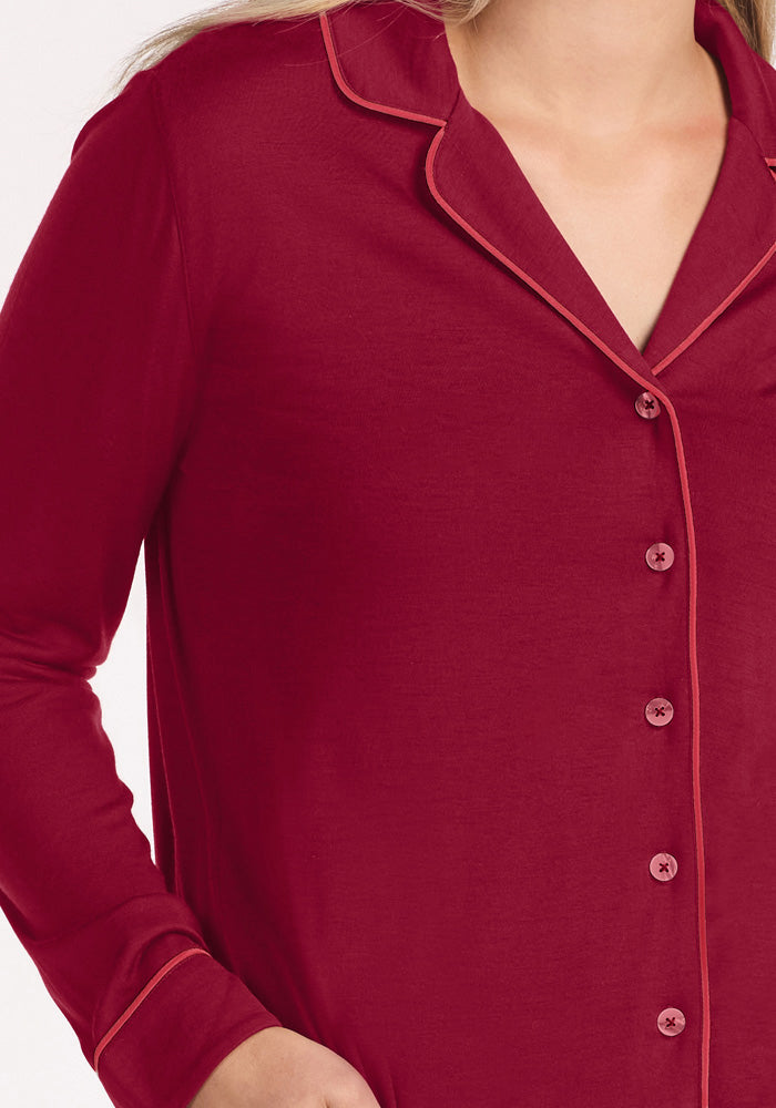 Beet Red Woolx Harper FeatherTouch® Pajama Set deep red long-sleeved button-down Merino wool top with piping trim.