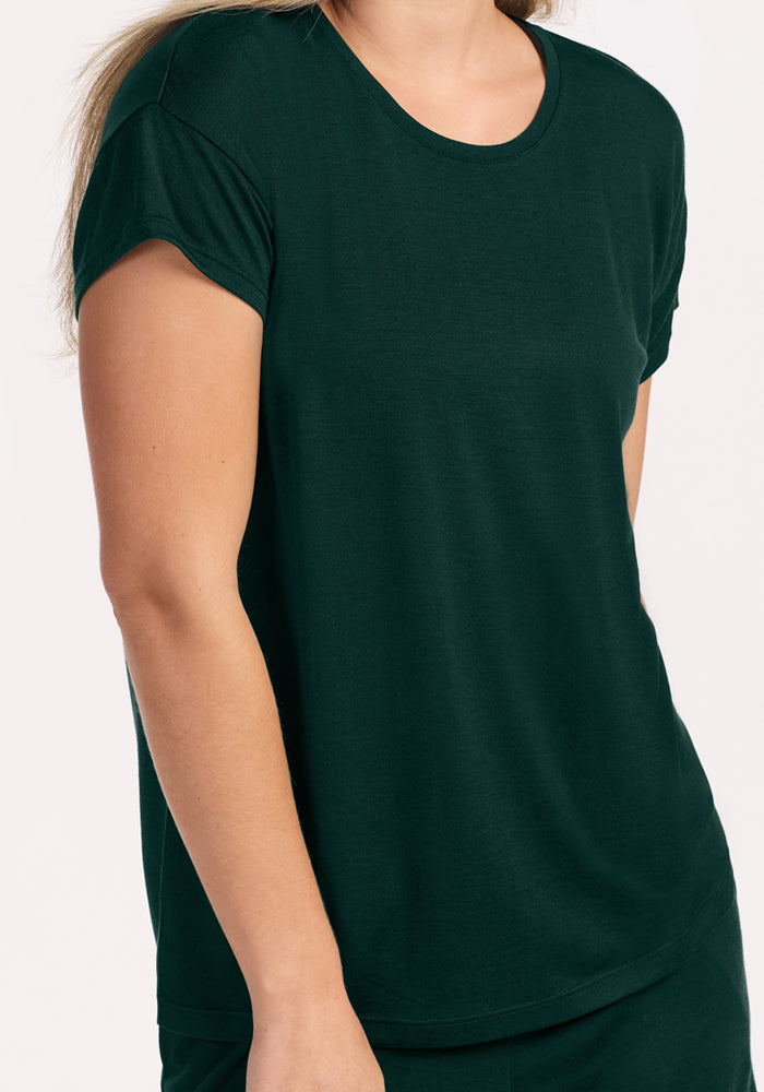 Woolx Billie Lounge Tee - Deep Pine in moisture-wicking green with a scoop neckline, ideal for travel sleepwear.
