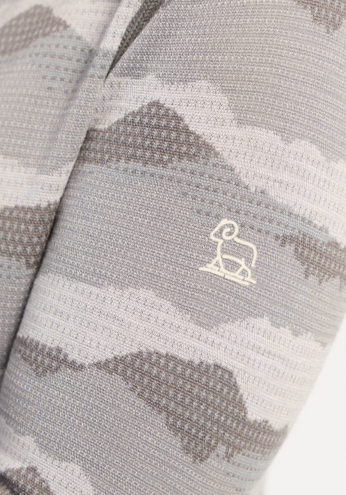 Woolx Emi 1/4 Zip - High Peaks: gray & beige thermal top with white ram logo, heavyweight Merino wool.