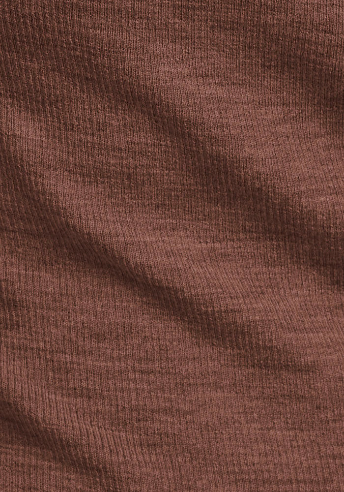 Close-up of Woolx Reese Ribbed Henley in Sable Heather, highlighting subtle textured lines in the brown Merino wool.