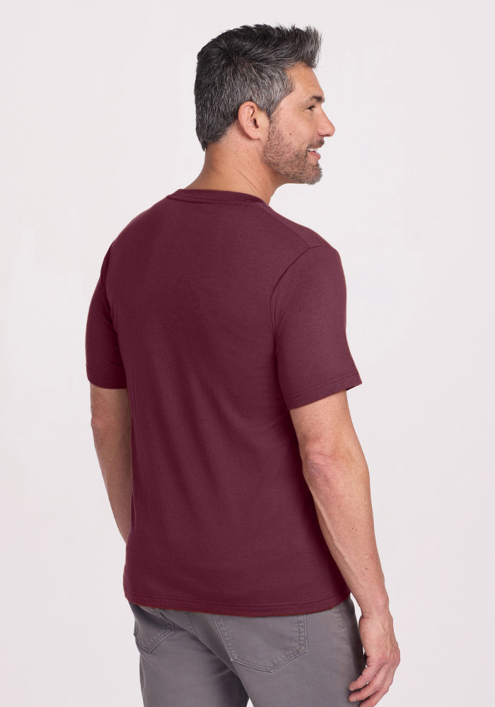 A man with short dark hair and some gray stands facing away, wearing the Woolx Endurance Tee in Grape Harvest and gray pants against a plain light background.