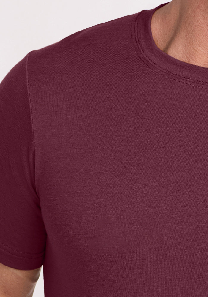 A close-up of a person wearing the Woolx Endurance Tee in Grape Harvest, highlighting the shirt’s shoulder, chest, and neckline against a light background.