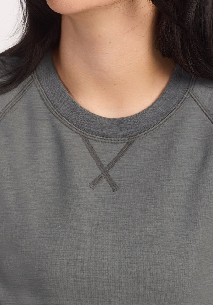 Close-up of a person wearing the Woolx Bailey Crewneck Sweatshirt in Sedona Sage, featuring visible stitching near the collar. Only the lower half of the face and neck are shown; the person's face is partially out of frame.