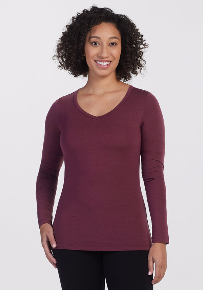 Womens V Neck Merino Wool Long Sleeve Top - Woolx Layla -Free Shipping