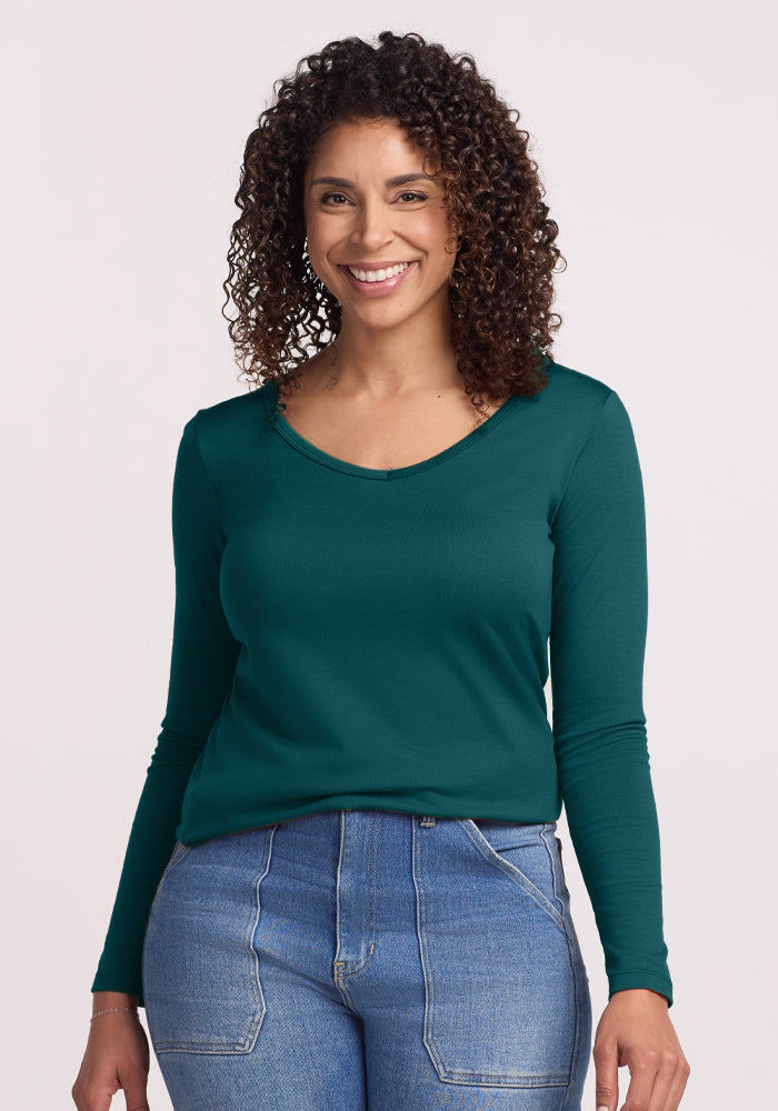 Womens V Neck Merino Wool Long Sleeve Top - Woolx Layla -Free Shipping