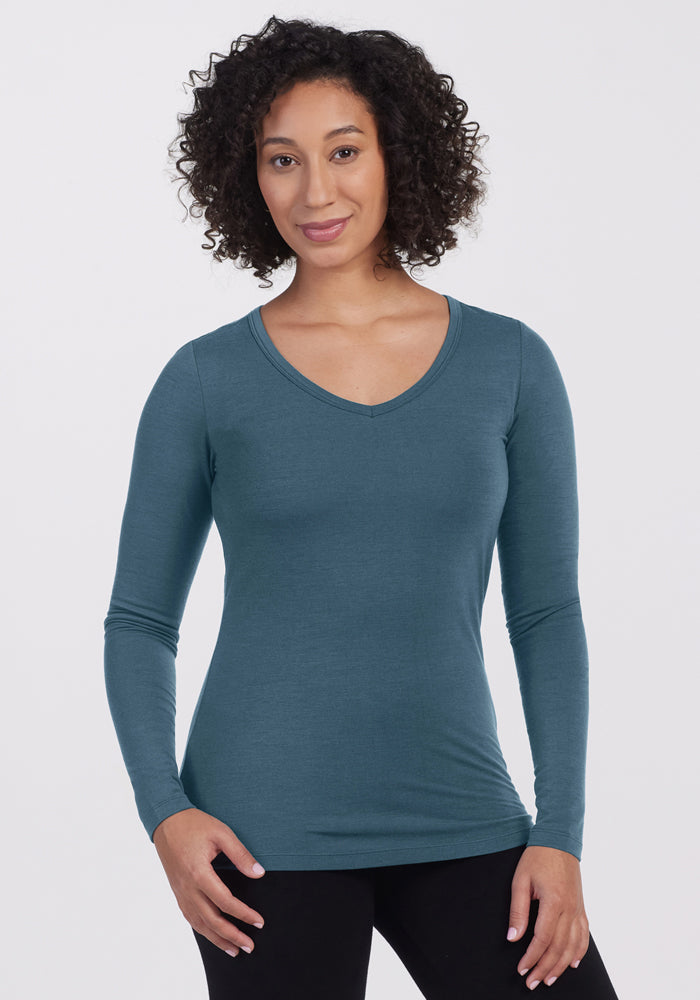 Womens V Neck Merino Wool Long Sleeve Top - Woolx Layla